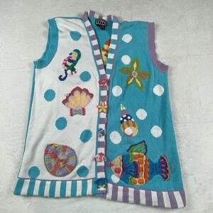 Vintage Berek‎ Nautical Sea Life 3D Knit Sweater Vest Blue White Large Novelty